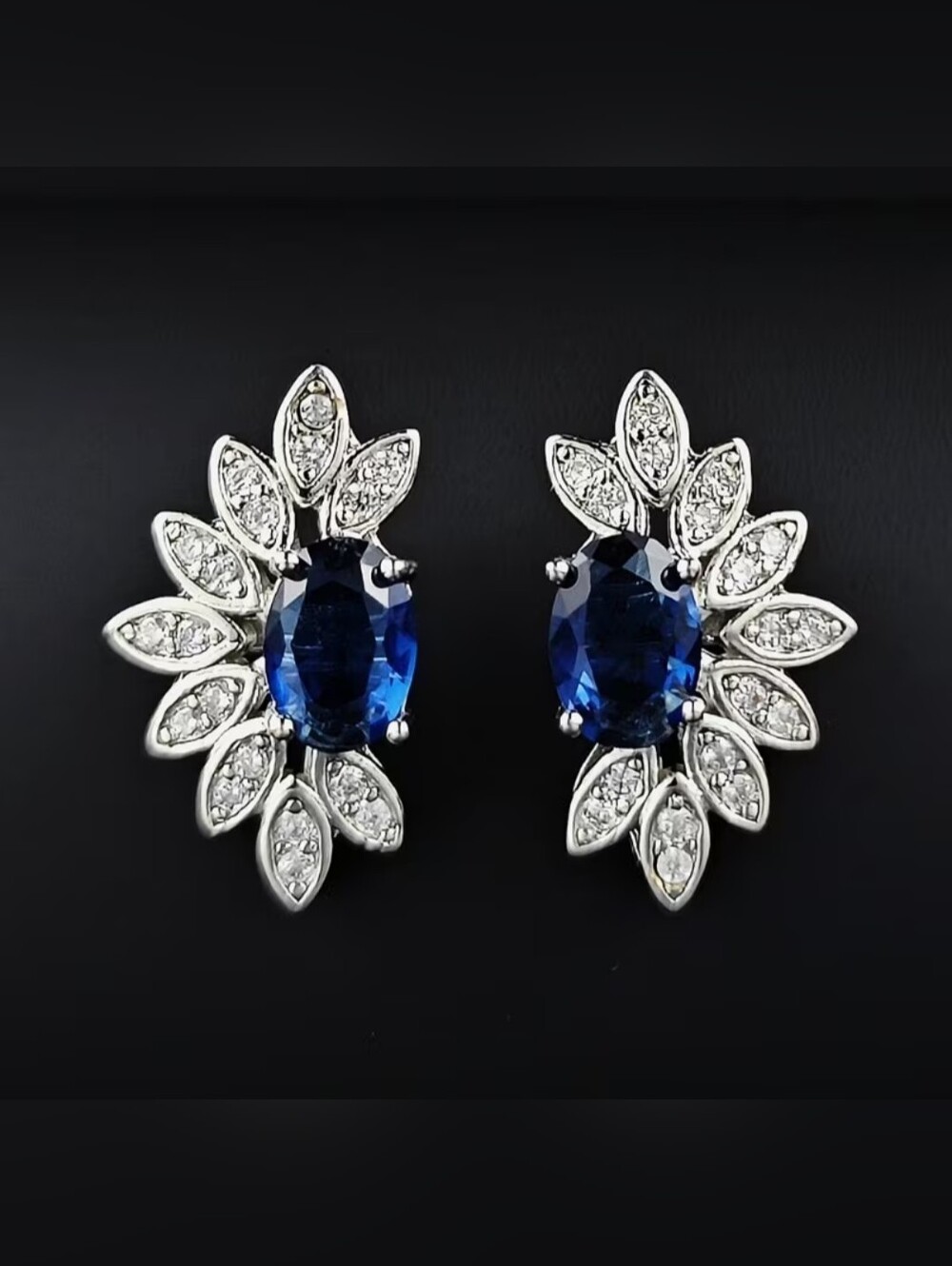 White Rhodium Sapphire Oval Halo Leaf Stud Earrings